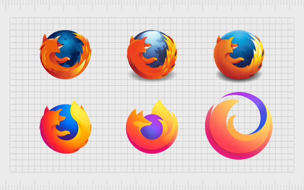 An image of 6 different stages of the FireFox logo being simplified